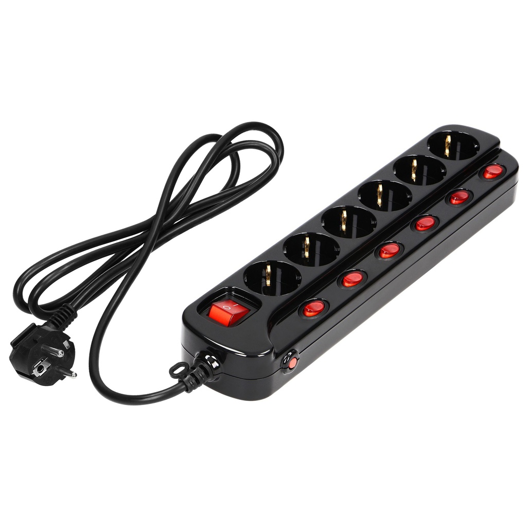 140142-Multiswitch powerstrip, schuko sockets, black with independent ON/OFF switches for 6 schuko sockets , cable 3x1,5mm2, 1.5m long, total power consumption of 3680W, for Netherlands and Germany -ORN