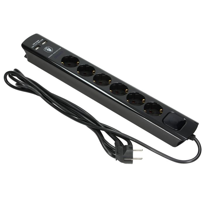 140144-Power strip with surge protection and main switch, schuko, black 6 schuko sockets, 2 USB chargers, cable 3x1,5mm2, 3m long, total power consumption of 3680W, for Netherlands and Germany -ORN