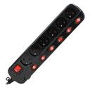 140400-Multiswitch power strip with 6 2P+E sockets, cable 3x1mm², 1.5m long. Thermal protection switch, 10A/230 VAC, black