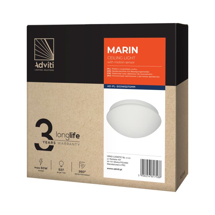 140387- MARIN, ceiling light with microwave motion sensor, 60W, E27, IP20, mat glass
