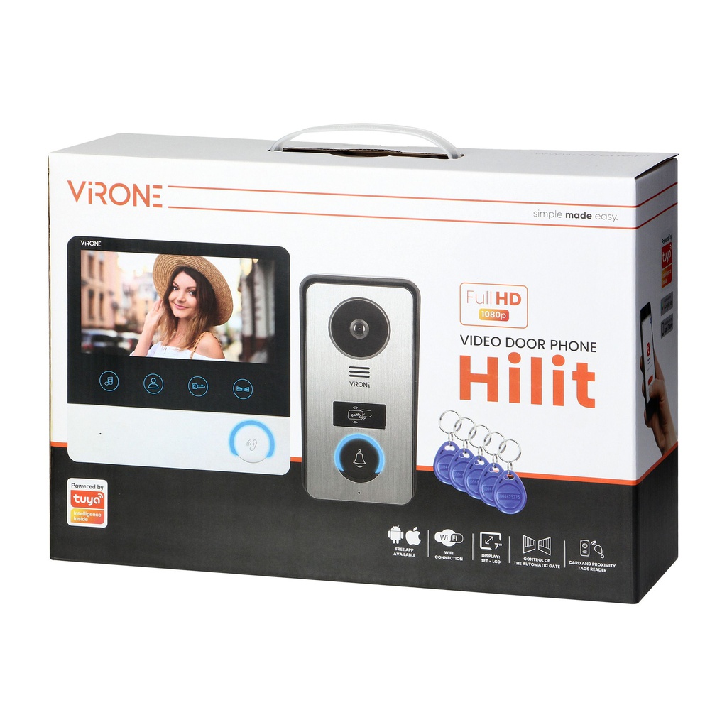 140333- HILIT Full HD video doorphone set, handset-free, with a colour  monitor 7”, card/proximity tags, operation via Tuya application-ORN