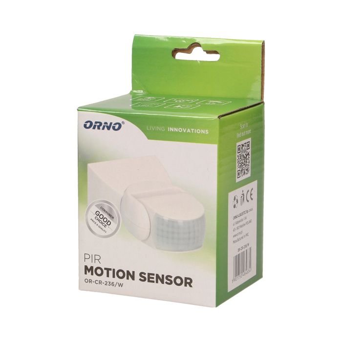 140025 - Adjustable PIR motion sensor, IP65 detection range 180 degree, 12m; protection rating IP65; white
