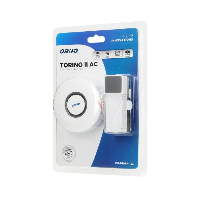 140541 - TORINO 2 AC wireless doorbell with learning system, 58 ringtones and a waterproof button; operation range up to 400m;