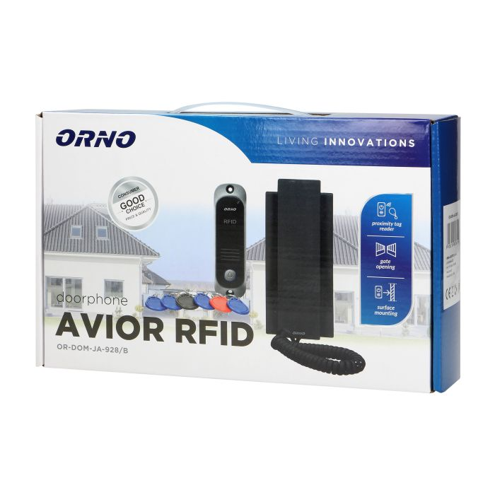140551 - AVIOR single family doorphone set, black with RFID reader and intercom function, the set enables easy electric lock opening with proximity tags and it has an additional push-button to open the gate from the uniphone.