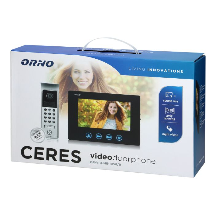 140569 - CERES 7" single family video doorphone, black  set includes an ultra slim 7" LCD monitor with a touch panel an backlit buttons. 16 available ringtones, additional protective hood and name plate, numeric keypad to open the door lock with a code