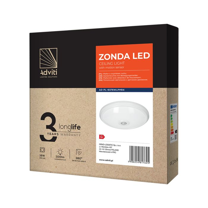 140757 - ZONDA LED 16W, ceiling light, white with motion sensor, 1100lm, IP20, 4000K,milky PC
