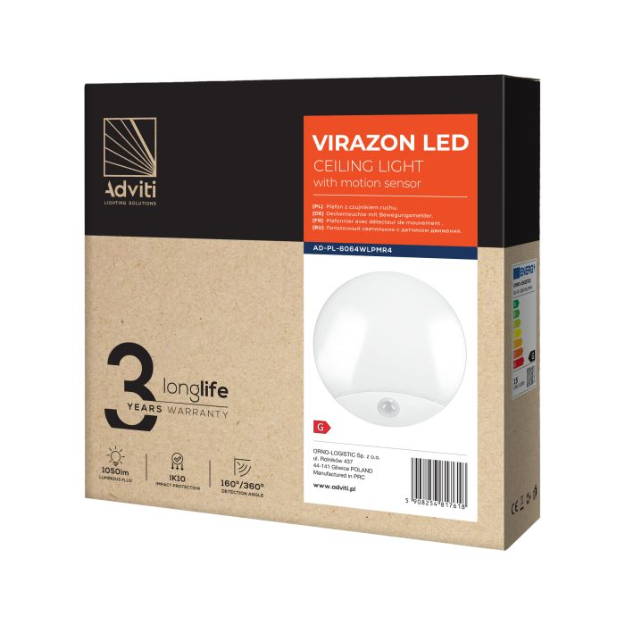 140759 - VIRAZON LED 15W, ceiling light, white with motion sensor 1050lm, IP44, 4000K, milky PC