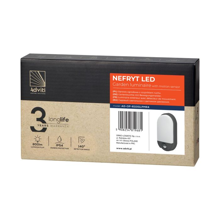 140774 - NEFRYT LED 10W, garden luminaire, grey with PIR motion sensor, 800lm, IP54, 4000K