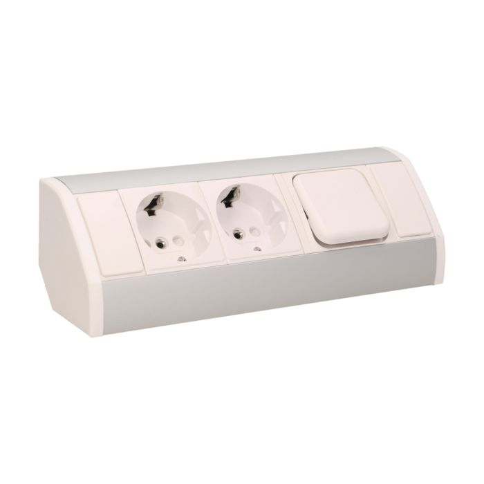 141188 - Furniture socket with switch, silver-white, Schuko A set of three network sockets with grounding and current circuit's diaphragms with a switch, ideal for mounting in cabinets, display cases and display cabinets.