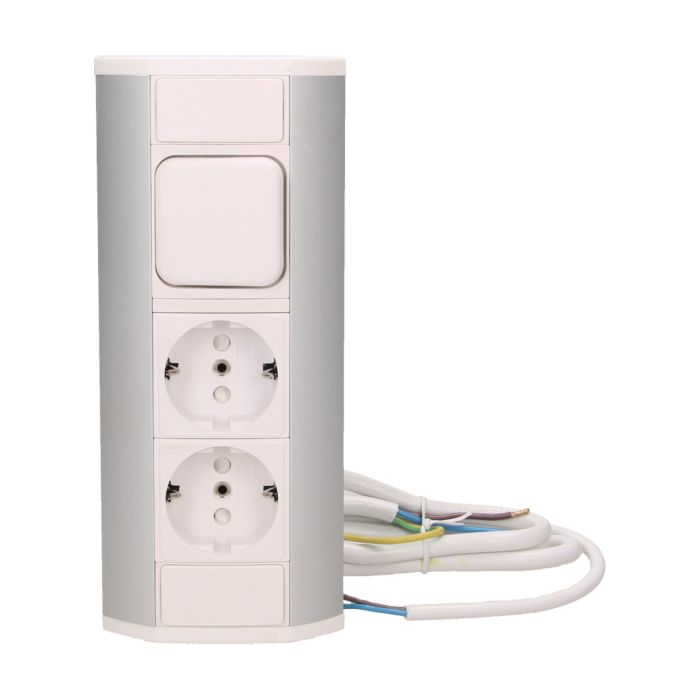 141188 - Furniture socket with switch, silver-white, Schuko A set of three network sockets with grounding and current circuit's diaphragms with a switch, ideal for mounting in cabinets, display cases and display cabinets.
