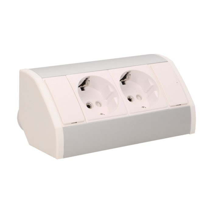 141181 - Furniture socket, silver-white, Schuko A set of two network sockets with grounding and current circuit's diaphragms, ideal for mounting in cabinets, display cases and display cabinets.
