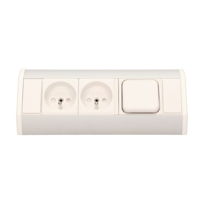 141175 - Furniture socket with switch, silver-white A set of three network sockets with grounding and current circuit's diaphragms with a switch, ideal for mounting in cabinets, display cases and display cabinets.