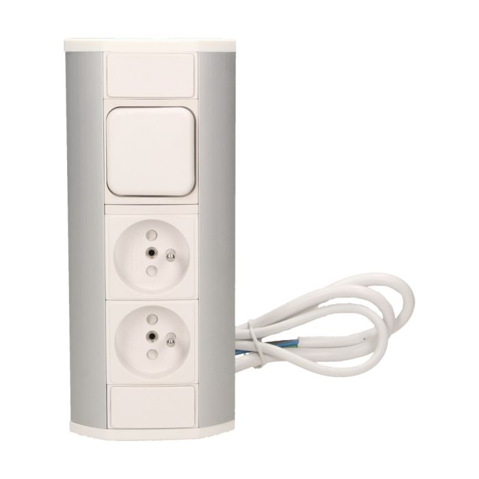 141175 - Furniture socket with switch, silver-white A set of three network sockets with grounding and current circuit's diaphragms with a switch, ideal for mounting in cabinets, display cases and display cabinets.