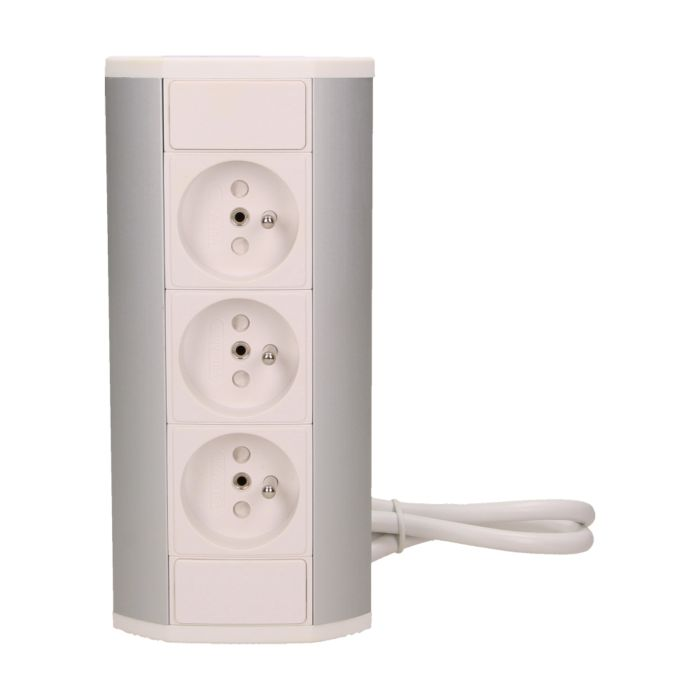 141171 - Furniture socket, silver-white A set of three network sockets with grounding and current circuit's diaphragms, ideal for mounting in cabinets, display cases and display cabinets.