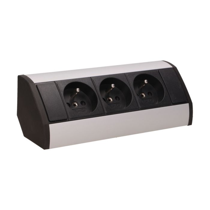 141170 - Furniture socket, silver-black A set of three network sockets with grounding and current circuit's diaphragms, ideal for mounting in cabinets, display cases and display cabinets.