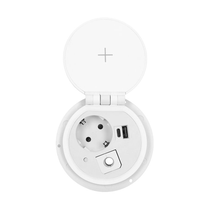 141159 - Recessed desk socket, white, Schuko Ø8cm with induction charger, 2 USB ports (A, C) for quick charging and 1.8m cable with cable gland, 2,4A 5V
