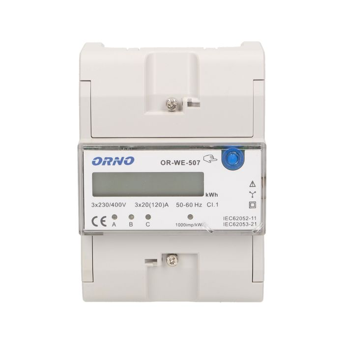 140810 - 3-phase energy meter, 120A current: 3x20(120)A; starting current: 0,4% lb;  accuracy class: 1;  indication of energy consumption: 3xred LED;  installation: 35 mm DIN rail