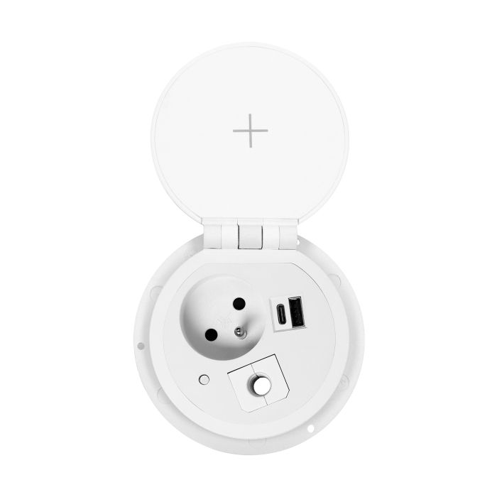 141140 - Recessed desk socket, white Ø8cm with induction charger, 2 USB ports (A, C) for quick charging and 1.8m cable with cable gland, 2,4A 5V