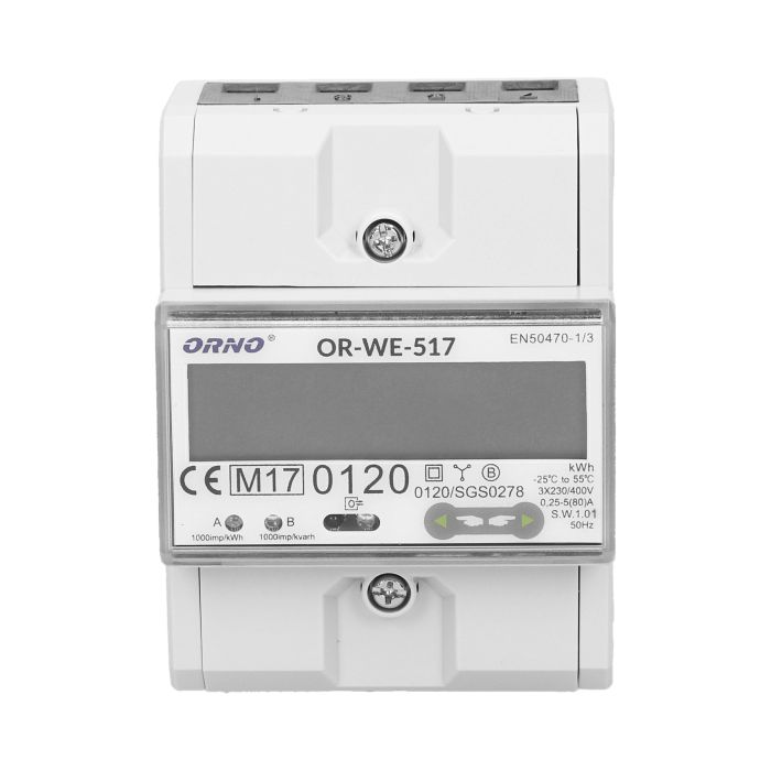 140819 - 3-phase multi-tariff energy meter with RS-485, 80A power supply: 3x230V/400 AC, 50-60Hz, current: 5(80)A, pulse frequency: 1000 imp/kWh, signaling read: flashing LCD, installation rail: DIN TH-35mm