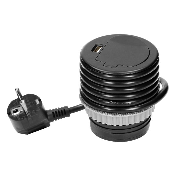 141136 - Flush-fitted furniture socket, black Ø6cm with protective cover, USB charger and 1.9m cable, 1x2P+E, 1xUSB