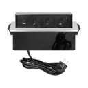 141107 - Recessed furniture power box with flat milled edge, Schuko type USB charger, a cord 2m long, 3 sockets F type, 2 x USB ports (A + C 3.1A), 3x1.5mm2, black-silver, INOX