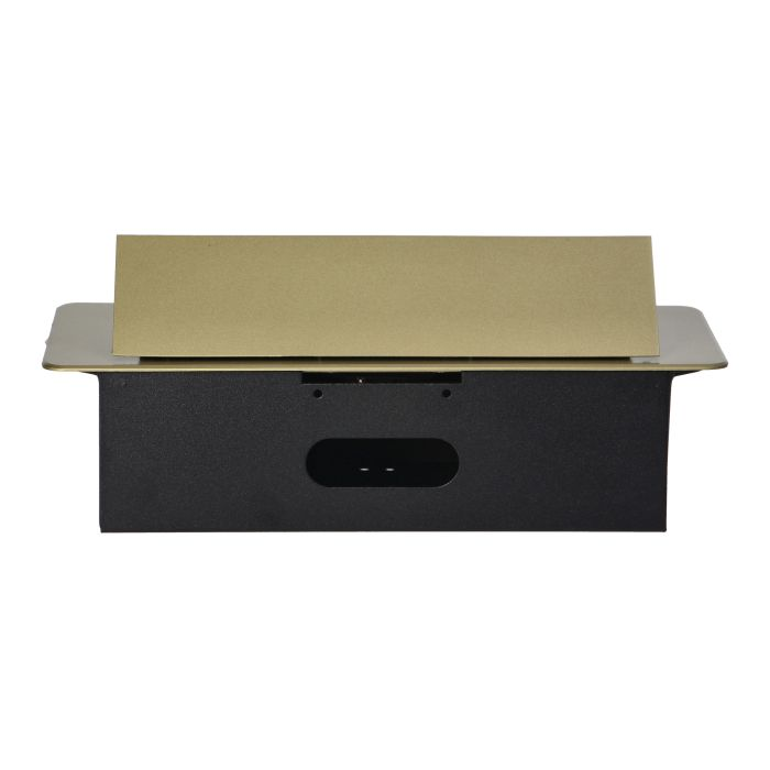 141086 - Recessed furniture sockets, brass color in housing with flat edge, 3x2P+E (Schuko), no cable included