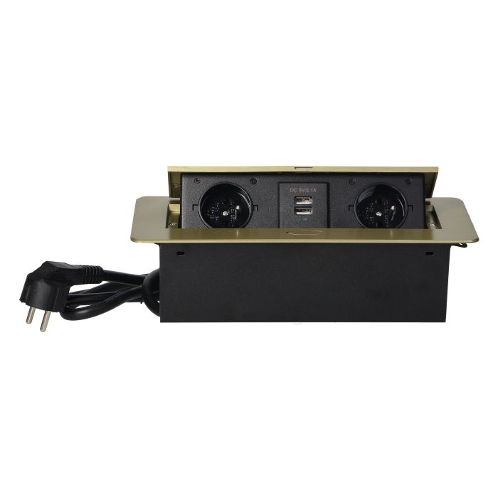 141069 - Recessed furniture socket with two USB chargers and 1.5m long cable, brass 230V AC/ 50 Hz; 2 x 2P+E; 3600W; USB output: 5V DC/2,1A; available colors: brass