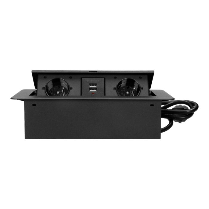 141067 - Recessed furniture socket with two USB chargers and 3m long cable, black 230V AC/ 50 Hz; 2 x 2P+E; 3600W; USB output: 5V DC/2,1A; available colors: black