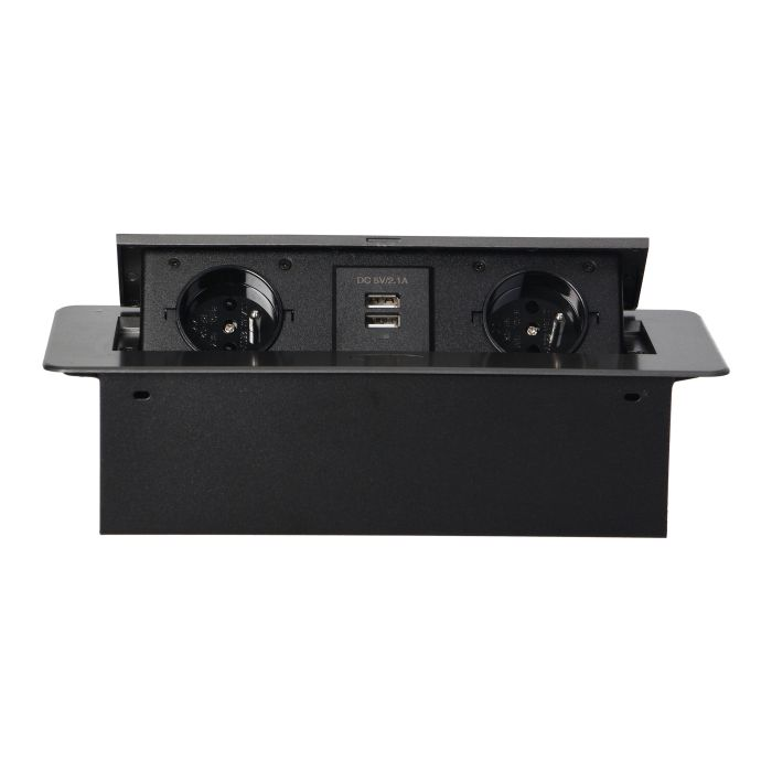 141063 - Recessed furniture socket with two USB chargers, graphite 230V AC/ 50 Hz; 2 x 2P+E; 3600W; USB output: 5V DC/2,1A; available colors: graphite