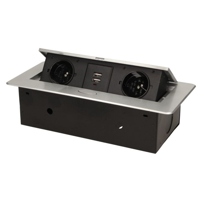 141059 - Recessed furniture socket with two USB chargers, silver 230V AC/ 50 Hz; 2 x 2P+E; 3600W; USB output: 5V DC/2,1A; available colors: silver