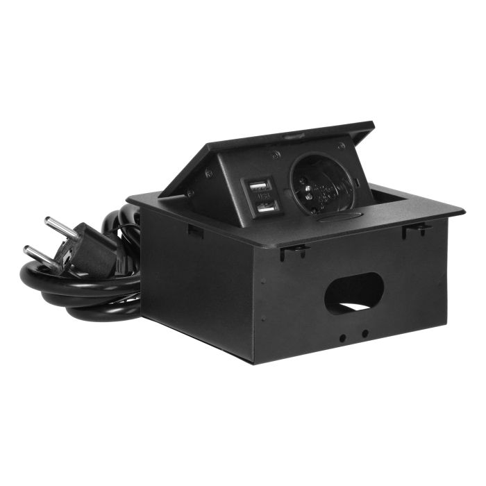 141058 - Recessed furniture socket with USB charger and 1.5m long cable, 1x2P+E, 2xUSB (type A, 2.1A), flat milled edge, black