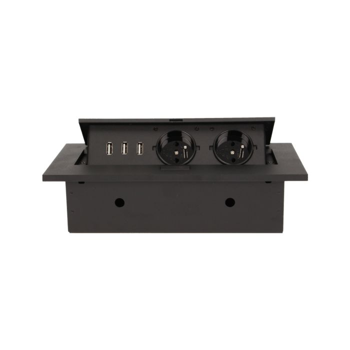 141057 - Recessed furniture socket 2x2P+E with three USB ports (wihout USB-charger), black power supply: 230V AC / 56-60Hz; maximum load: 3600W; protection rating: IP20; colour: black