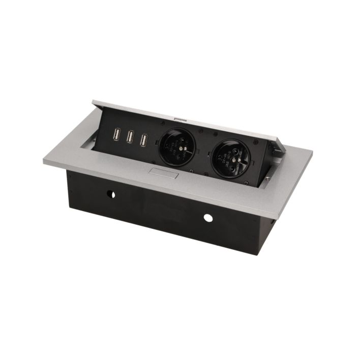 141056 - Recessed furniture socket 2x2P+E with three USB ports (wihout USB-charger), silver power supply: 230V AC / 56-60Hz; maximum load: 3600W; protection rating: IP20; colour: silver