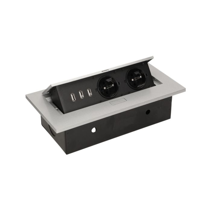 141056 - Recessed furniture socket 2x2P+E with three USB ports (wihout USB-charger), silver power supply: 230V AC / 56-60Hz; maximum load: 3600W; protection rating: IP20; colour: silver