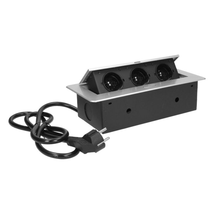 141051 - Recessed furniture sockets 3x2P+E with 3m cable flat and milled edge, silver