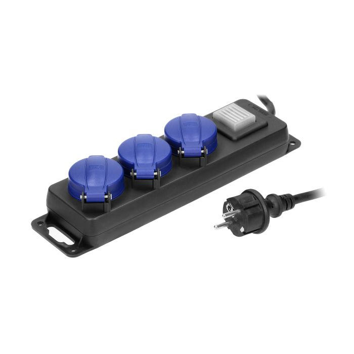 141024 - Heavy-duty, splash-proof extension sockets, 5m, Schuko with central switch and rubber cord, 3 sockets 2P+E, IP44, H05RR-F 3x1.5mm2