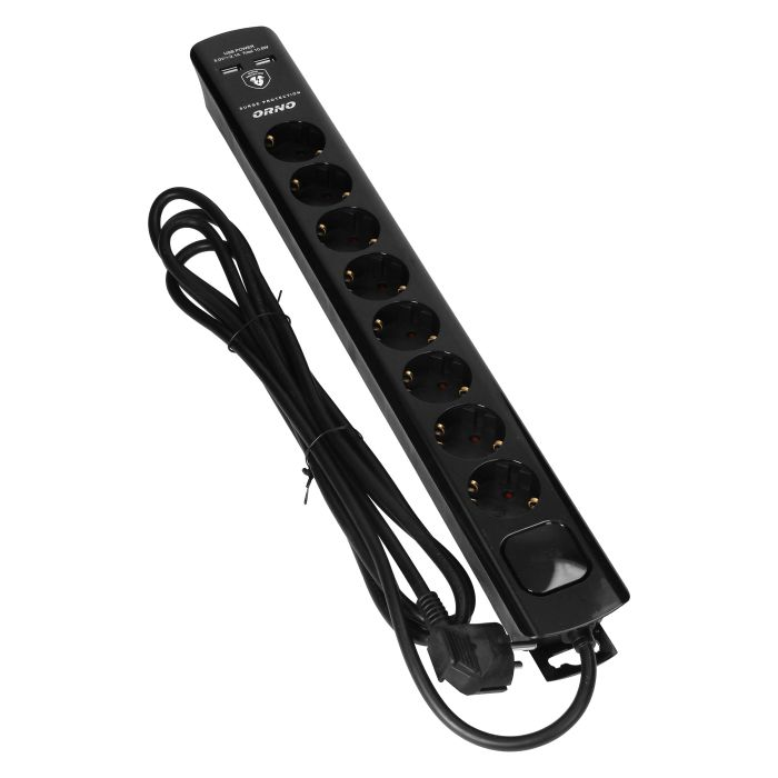 140996 - Power strip with surge protection, 8 sockets 2P+E (Schuko), 3x1.0mm2 cable, 3m long, with a two-way backlit switch, 10A / 230 VAC, surge protector type 3, 2xUSB 2.1A charger, white