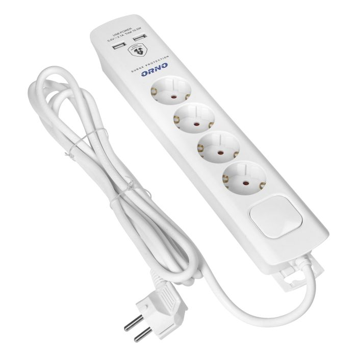 140993 - Power strip with surge protection, 4 sockets 2P+E (Schuko), 3x1.0mm2 cable, 3m long, with a two-way backlit switch, 16A / 230 VAC, surge protector type 3, 2xUSB 2.1A charger, white