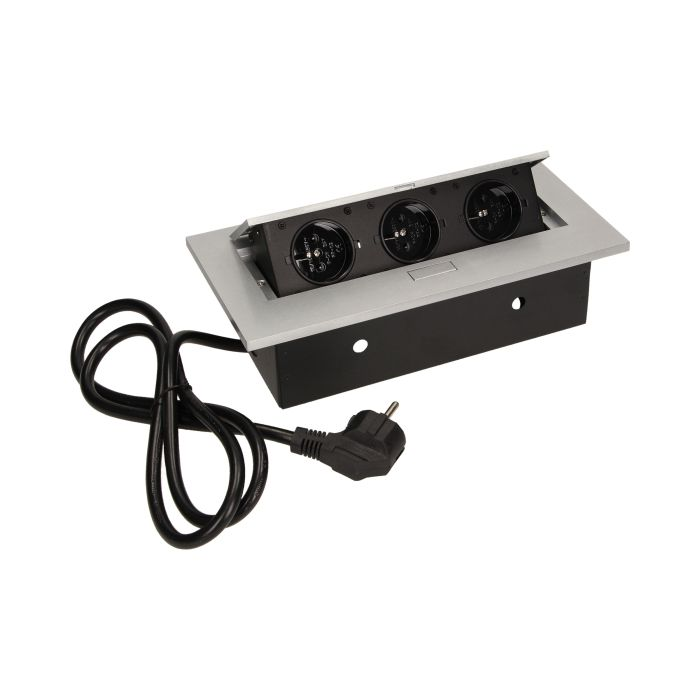 141039 - Recessed furniture socket 3x2P+E with 1.5m cable, silver power supply: 230V AC / 56-60Hz; maximum load: 3600W; protection rating: IP20; colour: silver