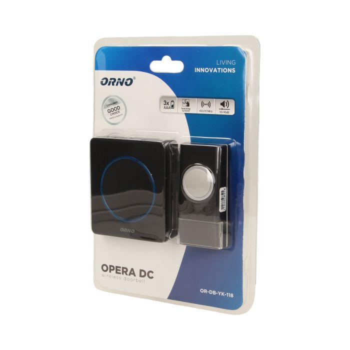 140000-OPERA DC wireless, battery powered doorbell with learning system transmitter 3xAAA, range in open field- up to 100m; waterproof button (IP44); 48 selectable ring-tones-ORN