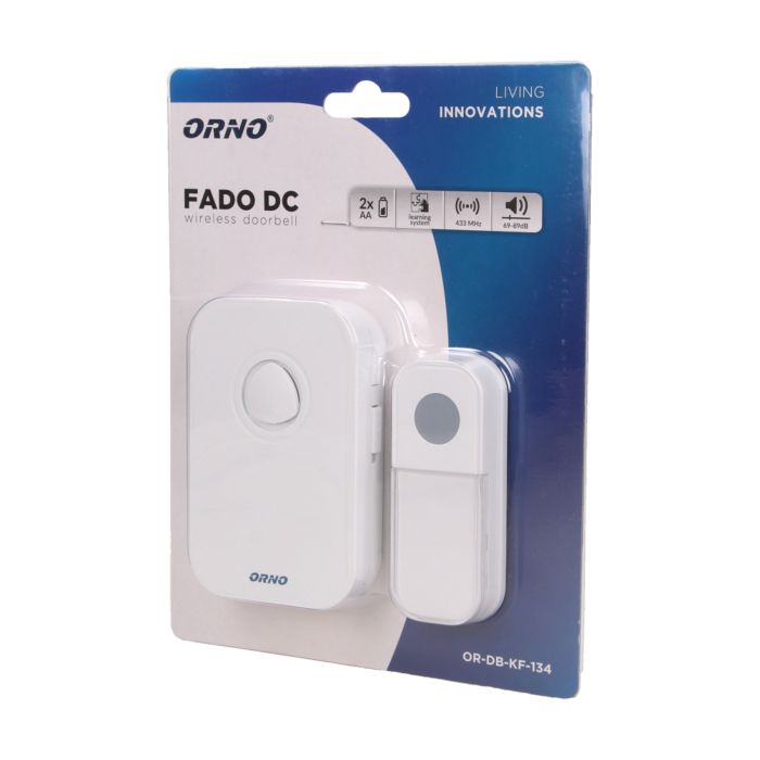 140001-FADO DC wireless, battery powered doorbell with learning system Easy to install, doesn't require a cable connection. Equipped with a waterproof doorbell button and learning system (automatic configuration of additional transmitters).-ORN