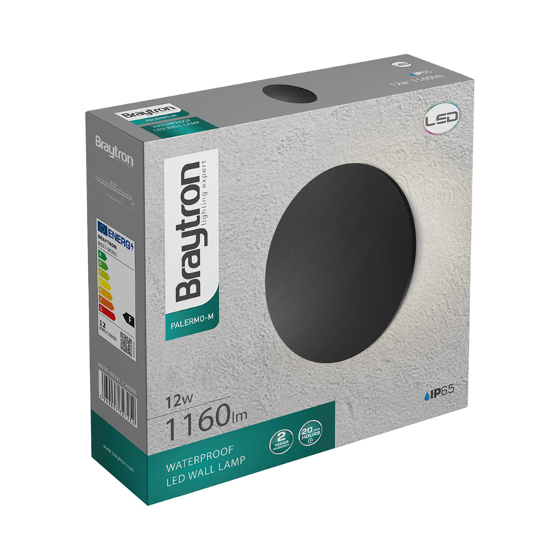 102122-Braytron PALERMO M Round Black 12W 3000K IP65 WALL LIGHT