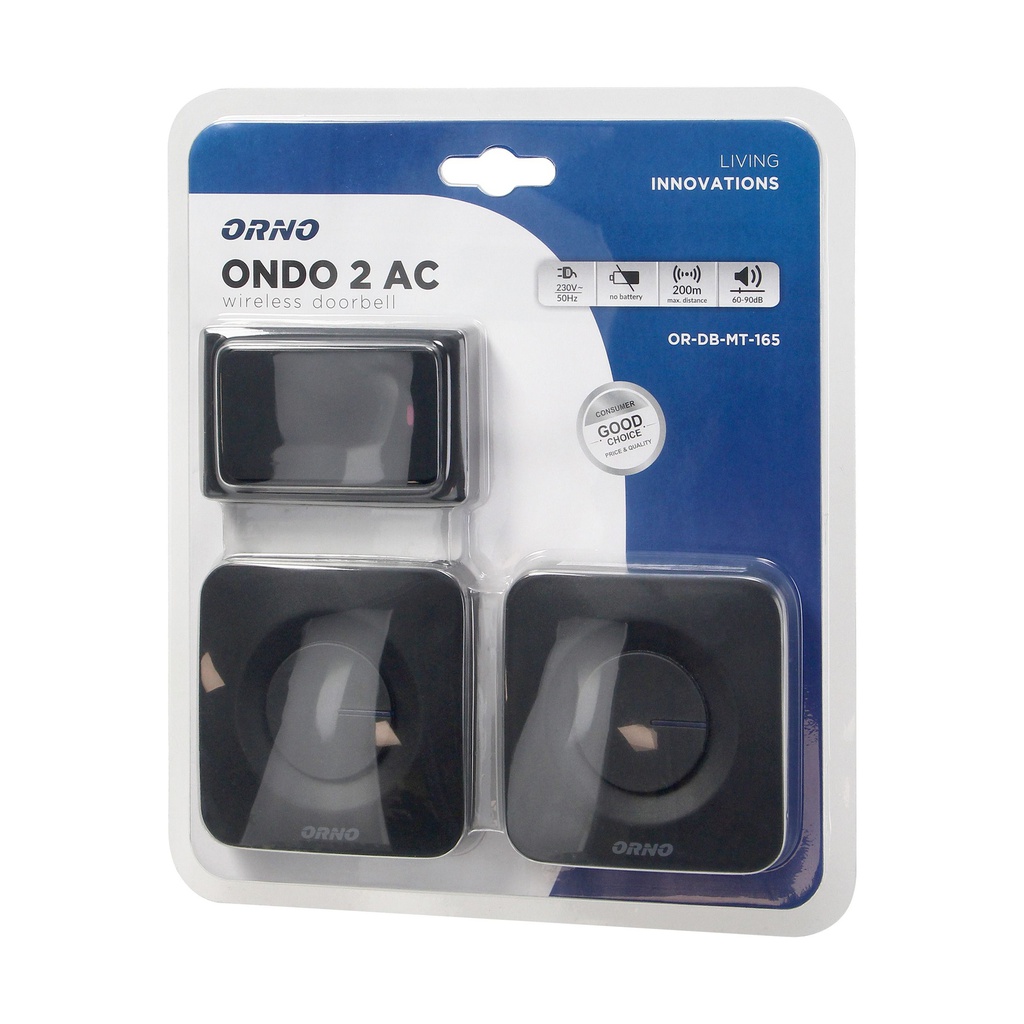 140004-ONDO AC, set of 2 wireless doorbells, black with battery-free button, plug-in system, learning system, 36 ringtones, operation range up to 200m-ORN
