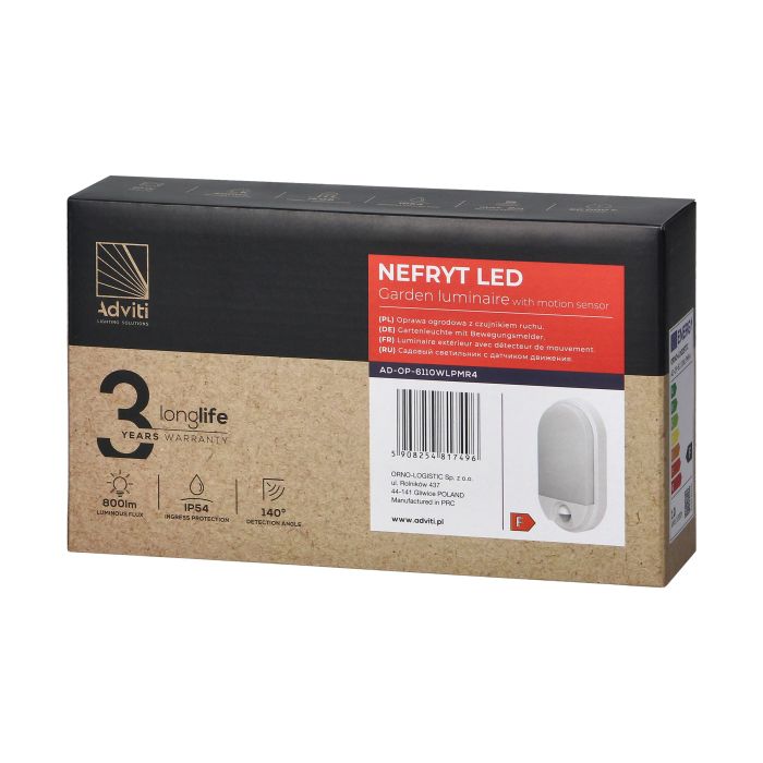 140046-NEFRYT LED 10W, garden luminaire, white with motion sensor 140°,  800lm, IP54, 4000K-ORN