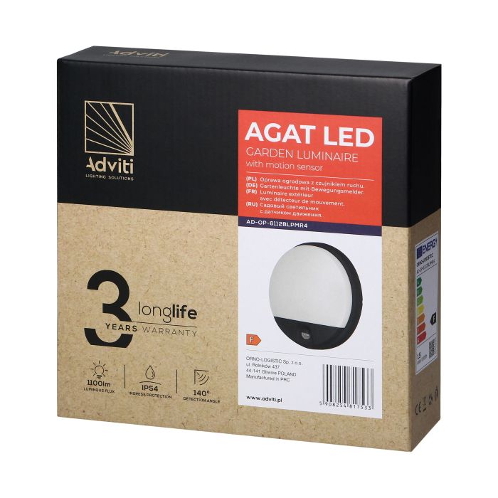 140048-AGAT LED 15W, garden luminaire, black with motion sensor, 140°, 1100lm, IP54, 4000K-ORN