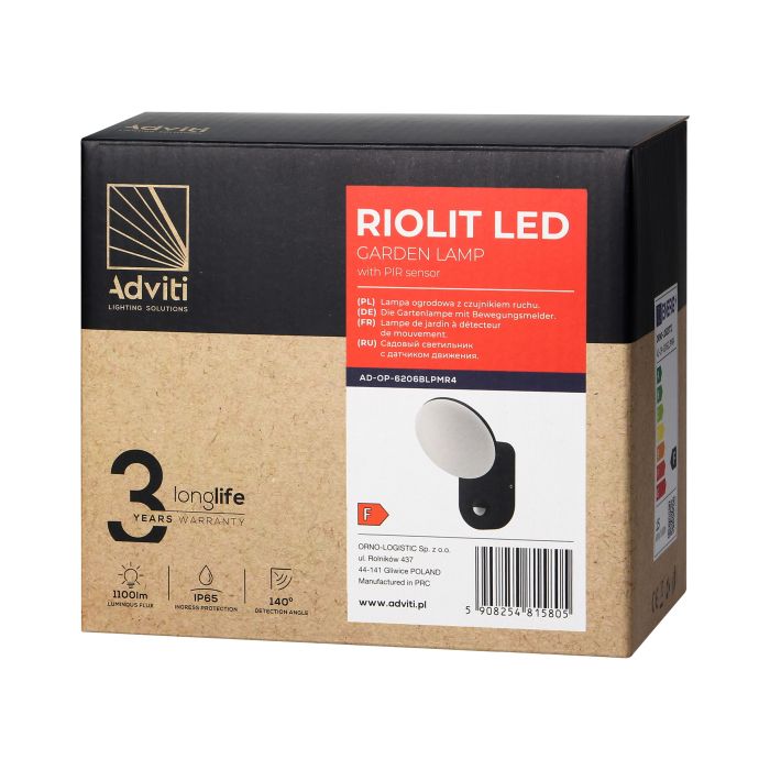 140057-RIOLIT LED 15W, black garden luminaire with motion sensor, 1100lm, IP65, 4000K-ORN