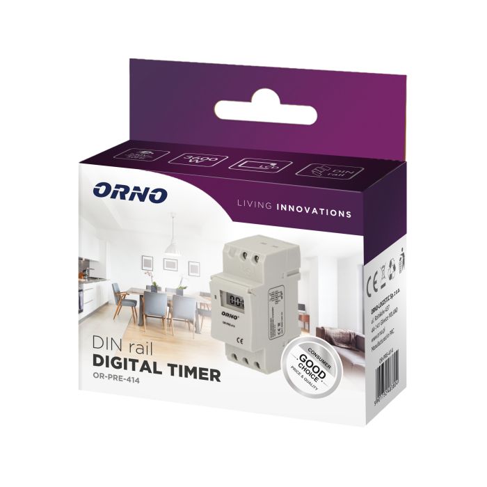140077-DIN rail digital timer 16 time programs; daily or weekly cycle; 12 or 24 hour mode; wyświetlacz LCD-ORN