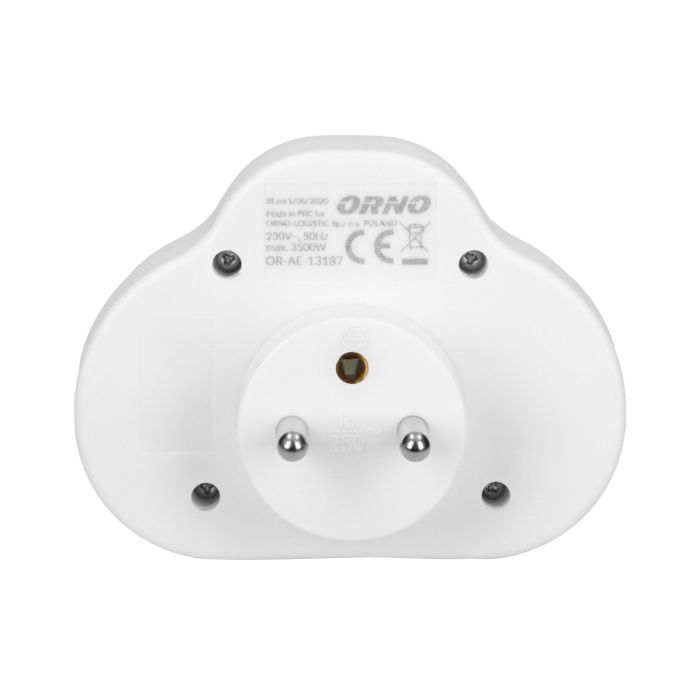 140103- Power splitter with 2 round sockets and a central switch, white, for Belgium and France -ORN