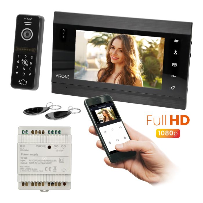 140360-140360-VIFIS FHD video-intercomset (handsetvrij, codeslot, kaart-/proximity-taglezer, mobiele app-gestuurd, DIN-rail voeding, zwart)