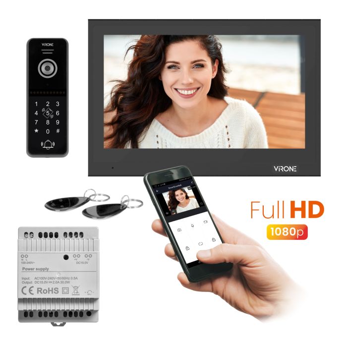 140361- BESAR video doorphone set, handset-free, 10" monitor, code lock, card/proximity tags reader and mobile application